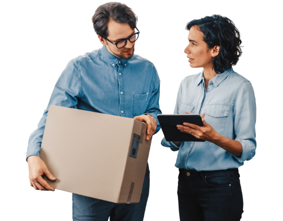 Two people conversing and holding a shipping box and tablet
