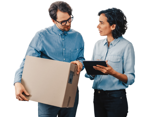 Two people conversing and holding a shipping box and tablet